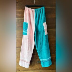 Towel pants pink and teal with striped trim